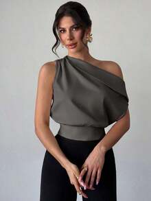 Blusa asimétrica plisada de color albaricoque, elegante y asimétrica, adecuada para el Día de San Valentín y el verano, con un estilo nuevo para la oficina/casual/vacaciones/festivales de música - Gris - Ver 5