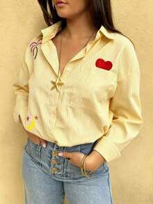 Camisa de manga larga casual con rayas y bordado, blusa casual con bordado para mujer, diseño nuevo de primavera/verano, versátil y de moda para vacaciones - Amarillo - Ver 2