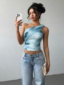Blusa de hombros descubiertos sin mangas con estampado de teñido anudado, estilo Y2K, de corte ajustado y fruncido con lazo delantero - Azul - Ver 12