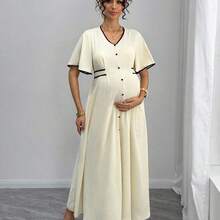 Momance Maternity Elegant Contrast Color Trim Long Dress, Summer - Negro - Ver 4