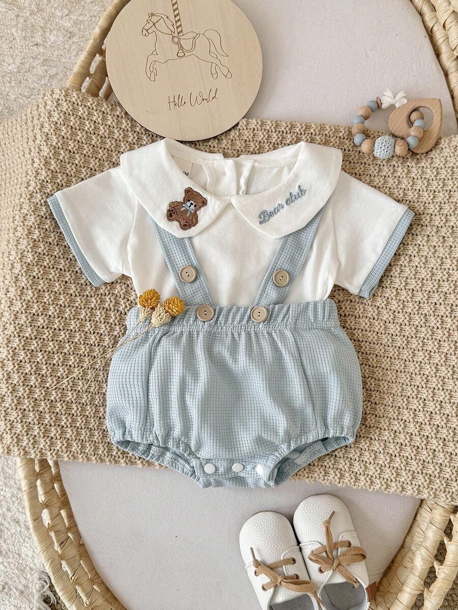 2件組嬰兒夏季2合1吊帶連身衣套裝,清新藍白熊刺繡短袖連身衣 - 藍色 - 查看 1