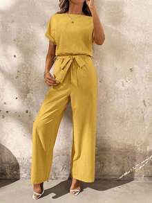 Clasi Pantalones de peto casuales de unicolor y plisados para uso diario de mujer - Amarillo - Ver 4