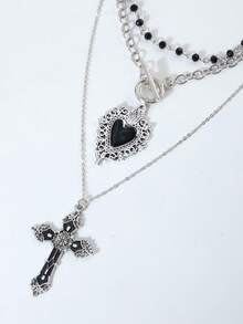 Conjunto de Collar con Colgante de Cruz & Corazón Gótico Oscuro, Collar de Capas Primavera/Verano Accesorio de Moda de Joyería, Joyería para Niños - Negro - Ver 5