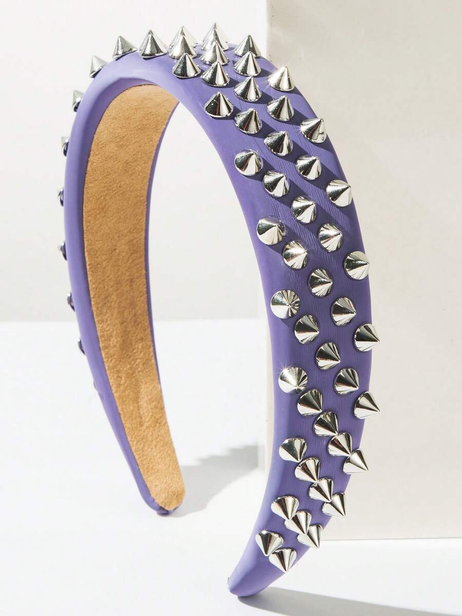 1 pieza Diadema de ala ancha con remaches exagerados de unicolor, accesorio versátil adecuado para salidas diarias, compras, citas y combinar con atuendos - FG1254 Morado - Ver 1