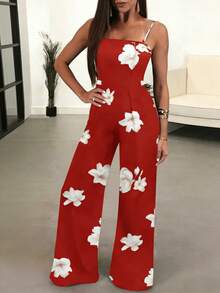 Mono elegante para mujer con estampado floral, mameluco camisola sin mangas de verano, pantalones de pierna ancha de moda para adultos - Naranja - Ver 11