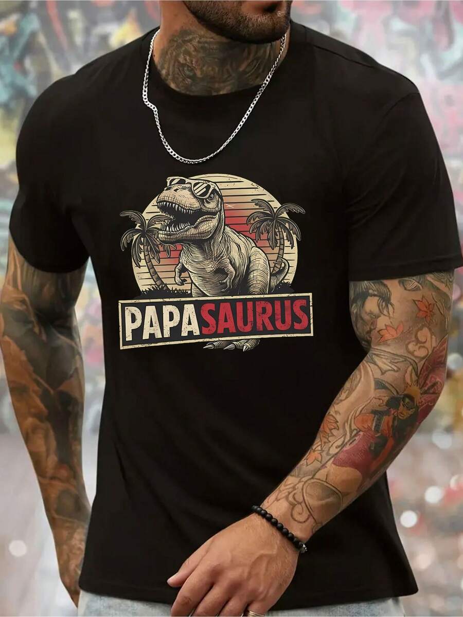 T-shirt homme 100% coton Tyrannosaurus PAPASAURUS Dinosaure Papa Manches courtes 180g Respirant Col rond T-shirt graphique d'été Hommes décontracté Coton Tee Cadeau Papa Vintage - Noir - Voir 1