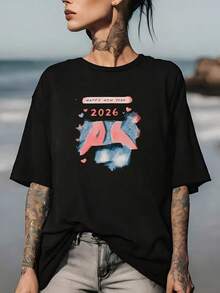 Women's 180g T-Shirt For New Year's Day 2026, Family Gift, Round Neck, Casual Print, Ideal For Christmas Celebrations - 黑色 - 查看 7