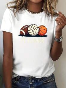 Women's Physical Education Teacher Print T-Shirt - Football And Volleyball Theme - Lightweight T-Shirt, Suitable For Coaches And Casual Wear - Machine Washable, Round Neck, Short Sleeve - Perfect Gift For Physical Education Teachers. - 白色 - 查看 7