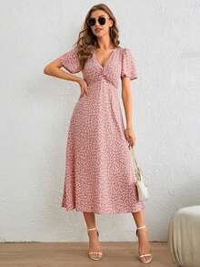 Vestido De Estampado Floral Para Mujer Con Nudo Retorcido Y Abertura Lateral - Rosa vieja - Ver 12