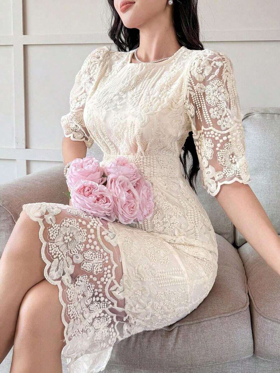 Vestido de encaje bordado de alta gama, vestido de verano para mujer con cuello redondo y abertura lateral hasta la pantorrilla, elegante vestido de cóctel francés para fiestas, ropa de vuelta al colegio - Albaricoque - Ver 1