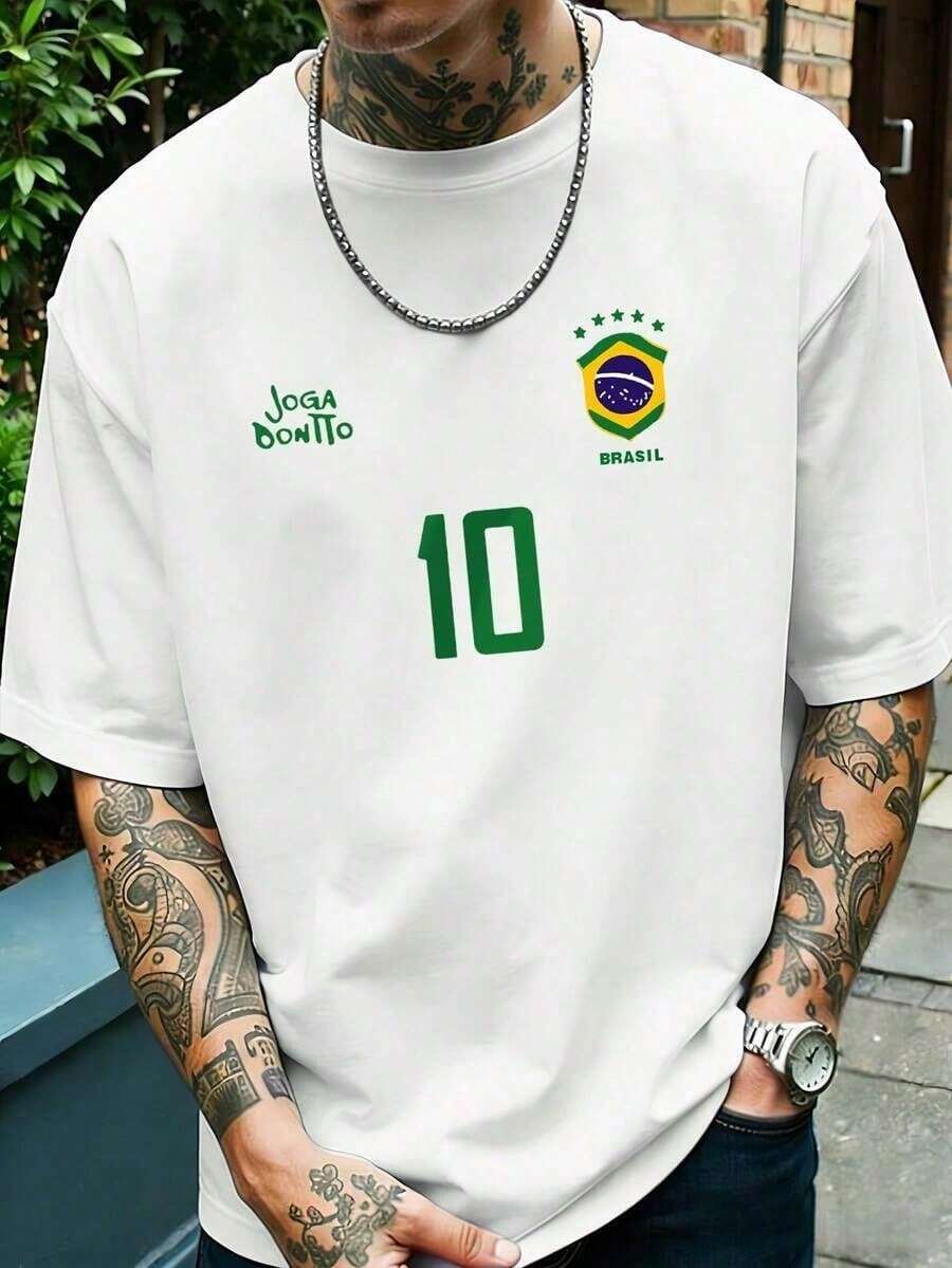 Men's Graphic T-Shirt, Retro Brazil Football Jersey - Legendary Number 10, Casual Football Fan Outfit, Soccer Shirt, 100% Polyester Breathable Knit Fabric, Regular Fit Crew Neck Design - 白色 - 查看 1
