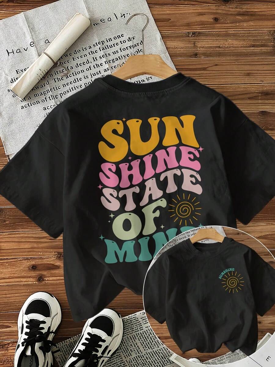 Short-Sleeved T-Shirt With Round Neck, % Cotton [Double-Sided Print], Vibrant Style With Shine Letter Print, Suitable For All Seasons, Can Be Worn As A Base Layer In Spring And Autumn Or Alone In Summer, Unisex Style,  Thick Cotton Cityboy Style Top. - 黑色 - 查看 1