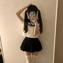 Women Skirts - Two White Short-sleeved Shirts + Navy Blue Mini Skirt - View 1