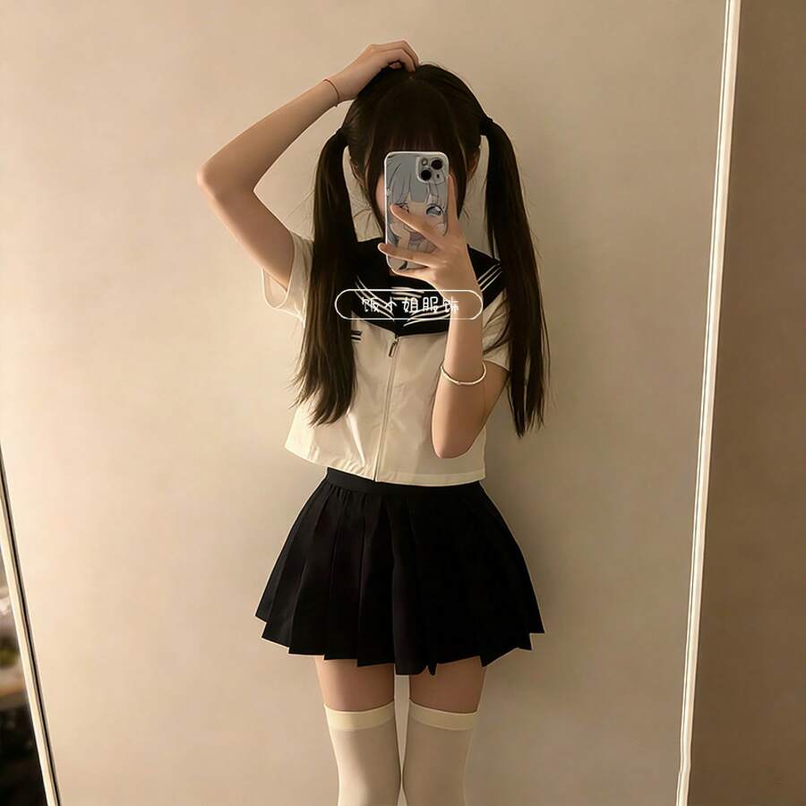 Women Skirts - Two White Short-sleeved Shirts + Navy Blue Mini Skirt - View 1