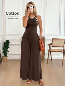 Mono de pierna ancha con cuello redondo, tirantes, bolsillo en diagonal, de corte holgado, elegante y vintage, para uso casual o de viaje, en primavera/verano para mujeres, con detalles de contraste - Marrón - Ver 2
