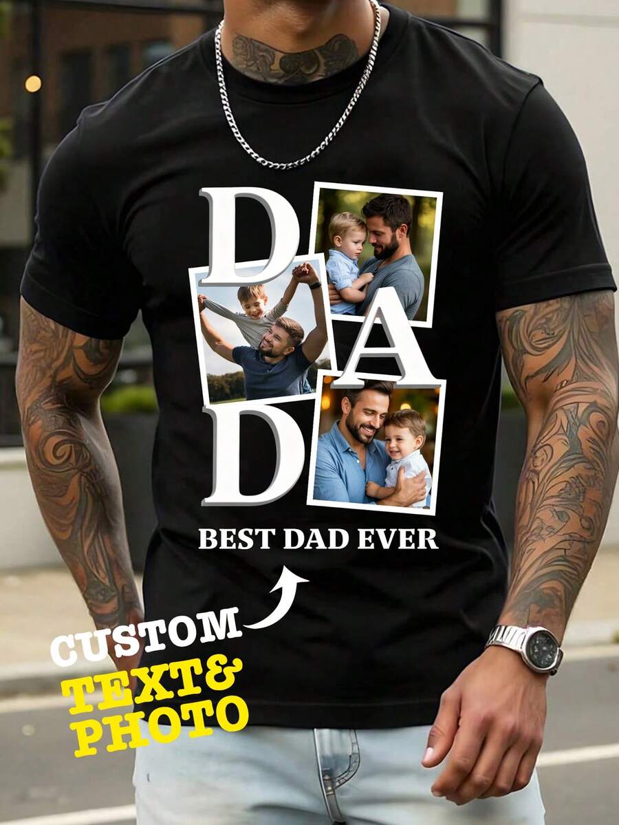 Plus Size Men's Personalized Loose Fit T-Shirt Dad Shirt, Can Add Dad's Photo And Text Design Father's Day Gift, Father's Day Sports - Black - View 1