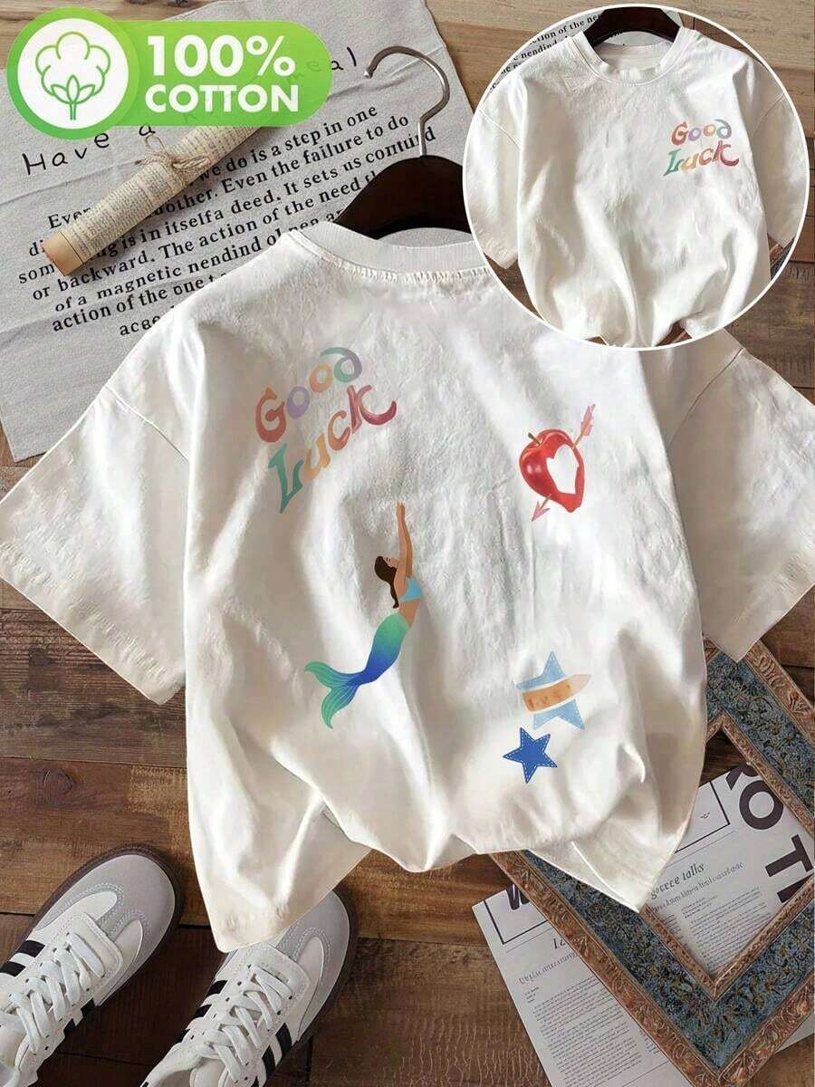 [Double-Sided Print] Women's Summer Clothing, Casual Women's Top, Fresh Style, Mermaid, Apple, Star, Good Lu Print, Crew Neck, Short-Sleeved Pure Cotton T-Shirt, Spring Outfit, Cotton T-Shirt. Y2K Style - White - View 1
