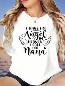 Plus Size T-Shirt, Short Sleeve, "I Have An Angel In Heaven, I Call Her Nana", Women's T-Shirt, Lovely Gift For Grandma, Memorial T-Shirt For Mom And Grandma With Wings And Halo Design, Women's T-Shirt, 220g, 100% Cotton - 白色 - 查看 1