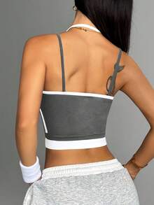 Women's High Elasticity Nylon Sports Vest - Breathable Contrast Color Fitness Top, Seamless Splicing Design, Suitable For Yoga, Pilates, Daily Fitness - Shaping Style And Beautiful Back Support, Simple Style, Comfortable Fit, Pressure-Free Support - Grey - View 2