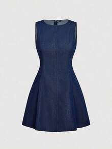 Vestido de mezclilla casual de verano para mujer con cuello redondo y cremallera en la espalda - Azul lavado oscuro - Ver 1