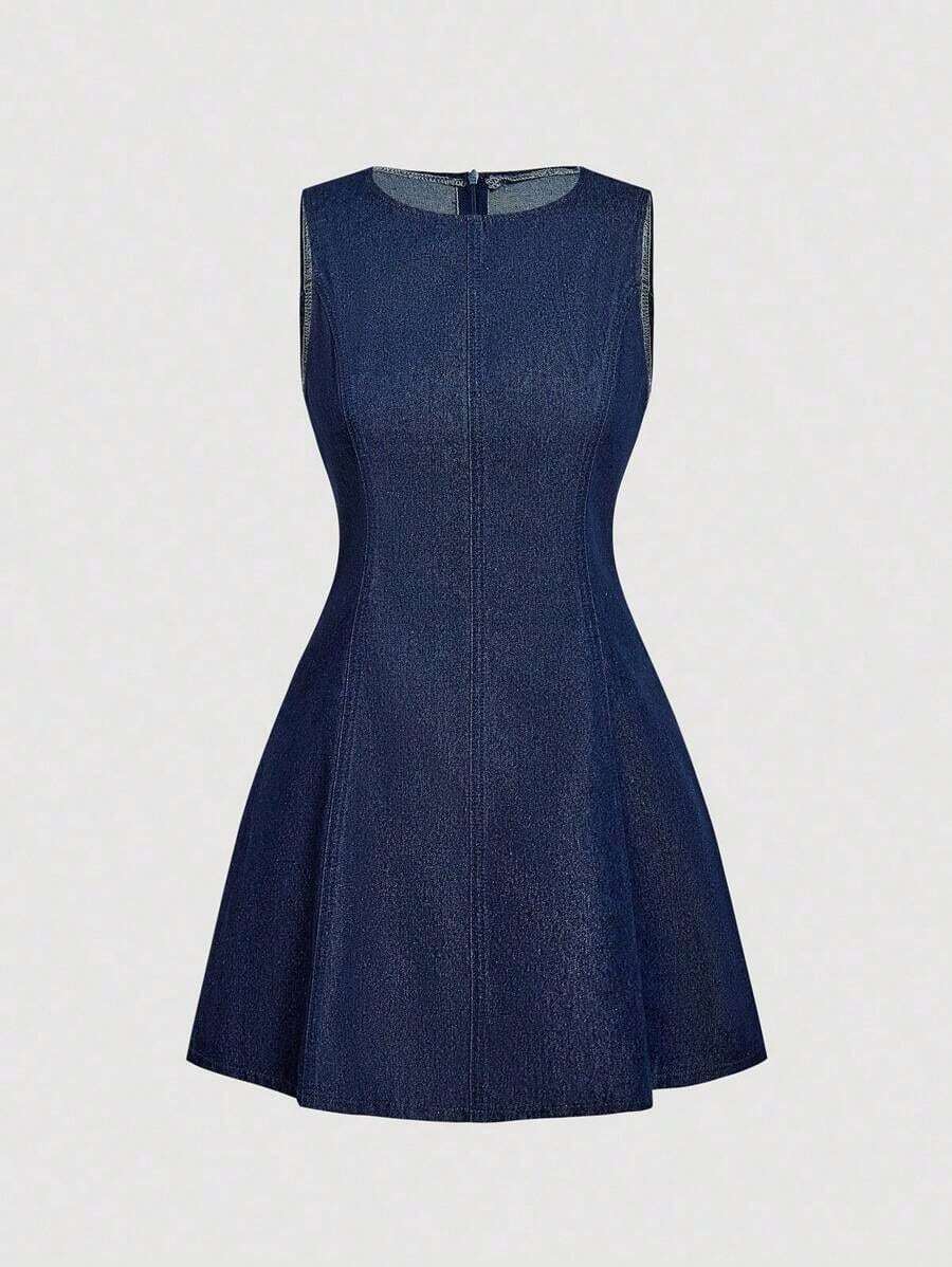 Vestido de mezclilla casual de verano para mujer con cuello redondo y cremallera en la espalda - Azul lavado oscuro - Ver 1