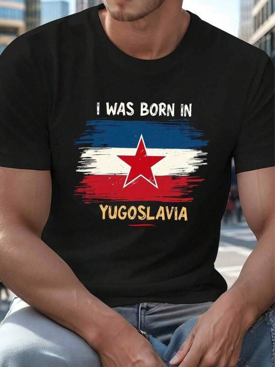 Men's Plus Size "Born In Yugoslavia" Flag Star T-Shirt - Patriotic Graphic With Crinkle Texture, Lightweight Casual Summer Tee, Machine Washable, Breathable And Durable, Perfect For Outdoor Activities And Everyday Comfort, Vintage Retro Style, Plus Size Blouses - 黑色 - 查看 1