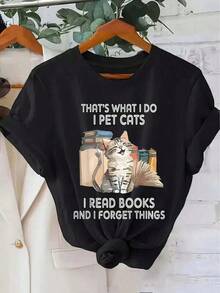 Men's And Women's Casual Crew Neck T-Shirt With Graphic Print "That's What I Do, Pet Cats, Read Books And Forget Things" - Short Sleeve, Summer And Spring Top, Relaxed Fit, Casual Wear | Playful Cat Illustration | Short Sleeve T-Shirt - 黑色 - 查看 1