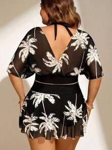 Swim Lushoire Traje de baño de 2 piezas con estampado de hojas de palma y escote profundo en V para mujer talla grande, estilizador y favorecedor, estilo vacacional - Multicolor - Ver 2