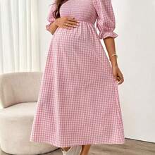 Vestido casual versátil de cuello cuadrado con estampado a cuadros para maternidad - Azul y blanco - Ver 5