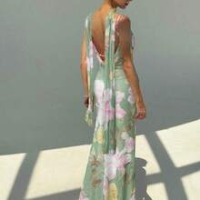 Nuevo vestido con cuello drapeado sexy con espalda descubierta, estampado de malla con flores románticas y tirantes extra largos - Albaricoque - Ver 10