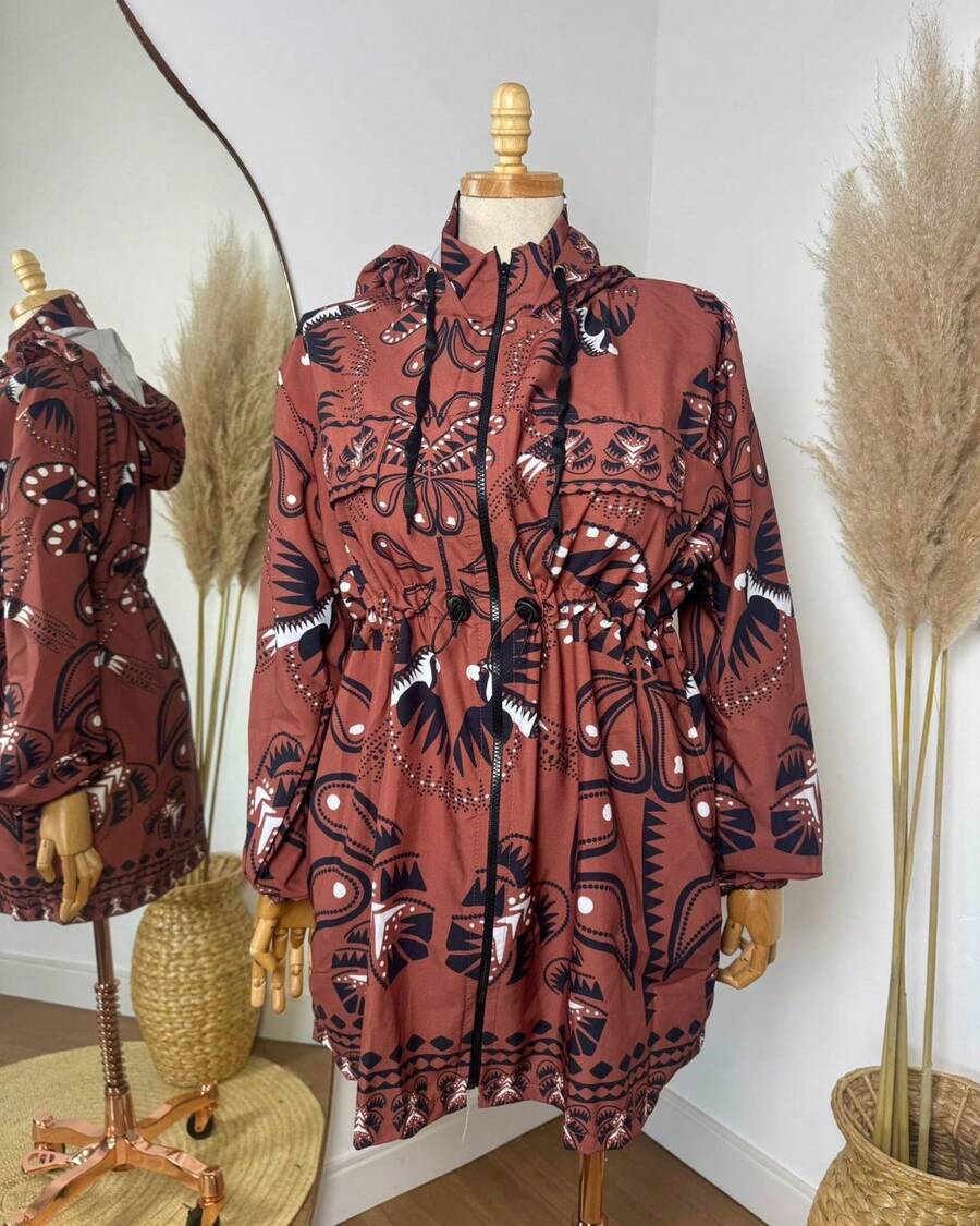 Plus Size Printed Windbreaker Jacket, Plus Size Parka, Nylon Blouse - 11 - View 1
