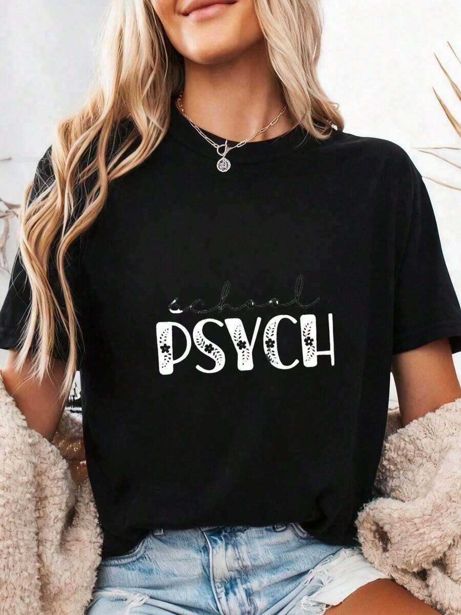 School Psychologist T-Shirt, Floral School Psychologist T-Shirt, School Psychologist Gift, Psychology Graduate Gift, School Psychologist Gift, Back To School Gift Mug, 100% Cotton - 黑色3 - 查看 1