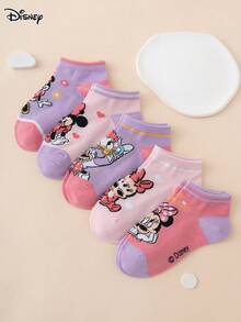 5 Pairs Disney Series Cute & Fun Cartoon Kids' Ankle Socks With Minnie, Daisy, Stripes, Letters, Stars & Floral Patterns - Multicolor - View 4