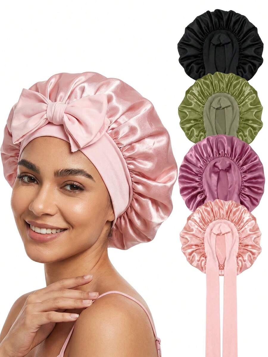 1 chiếc mũ ngủ bằng vải satin màu xanh ô liu có nơ và dây rút, được làm từ vải satin mềm mại, kiểu dáng thanh lịch cổ điển, nơ và dây rút dài có thể tháo rời, chống tĩnh điện và thoáng khí, thích hợp để ngủ, đi spa và mặc trong tháng Ramadan. - xanh quân đội - Xem 1