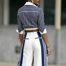 Collared Roll-Up Sleeve Striped Shirt And High-Waisted Striped Wide Leg Pants Two-Piece Set, Elegant & Office Style, Everyday & Work Wear, , Fashion - Blue and White (belt Not Included) - View 5
