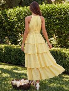 Vestido elegante sin mangas de unicolor con pliegues y capas - Amarillo - Ver 2