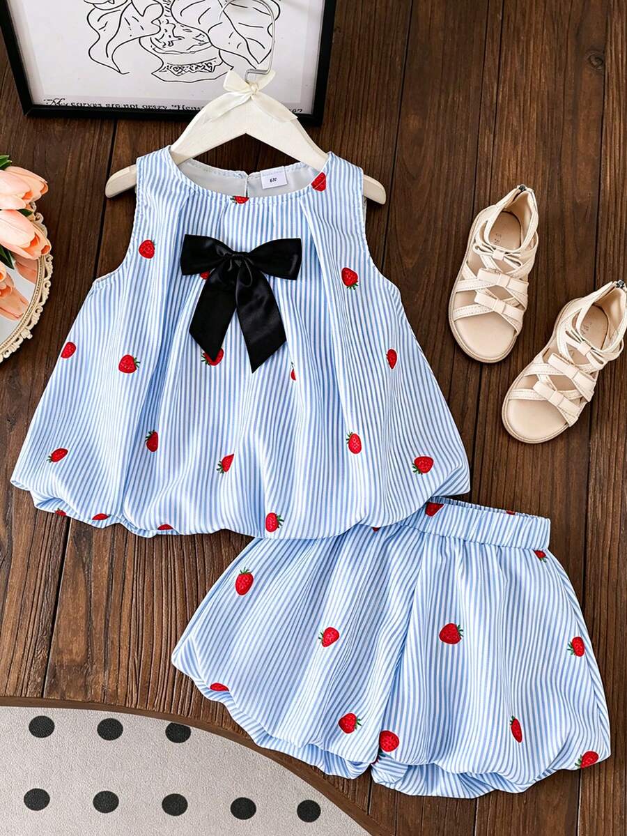 2pcs/Set Toddler Girls' Summer Outfit - Blue & White Striped, Strawberry Print, Bow Decor Sleeveless Top And Shorts, Suitable For Vacation, Casual Outings, Sister Matching, Family Events, School Wear - Baby Blue - View 1