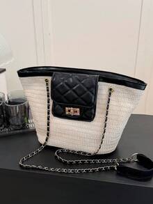 New Straw Shoulder Bag With Chain Strap Tote Bag, European And American Versatile Beach Bucket Bag, Contrast Color Patchwork Rhombus Small Bag (Adjustable Chain Strap, Zipper Closure Small Bag) - Black - View 9