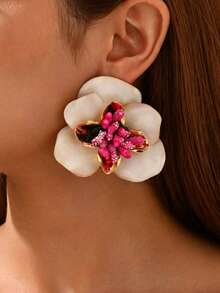 Exaggerated Design Dripping Oil Magnolia Flower Earrings, Niche High-End Earrings - White - View 7