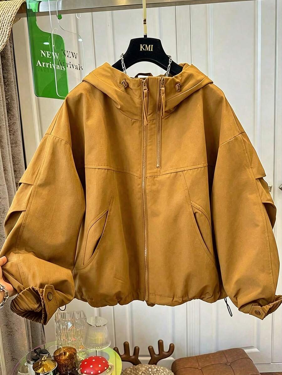 Chaqueta cortavientos con capucha de ajuste holgado para mujer, para primavera y otoño, chaqueta bomber corta versátil y de moda con diseño elegante - Cúrcuma - Ver 1