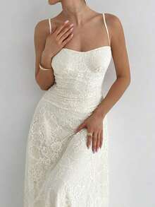 Vestido largo marfil de encaje con corpiño para mujer, ideal para invitada de boda, dama de honor o vacaciones - Beis - Ver 8