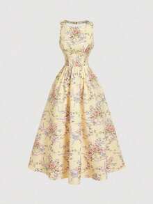 MOD Vestido con estampado floral romántico, espalda abierta y lazo - Amarillo claro - Ver 4
