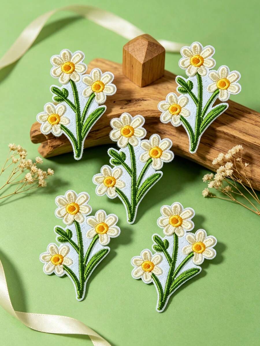 5pcs Cute Cartoon Daisy Fabric Patches, Iron-On/Sew-On Appliques For Clothes, Bags, Shoes, Hats - Multicolor - View 1