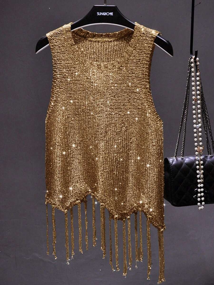 Áo dệt kim dáng rộng, không tay, cổ tròn, đính sequin, viền tua rua, thanh lịch dành cho nữ. - Vàng - Xem 1