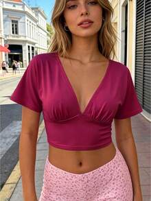 Womens Crop Tops Short Sleeve Deep V Neck Slim Fitted Solid Color Ruched Summer Shirts - Purple - View 1