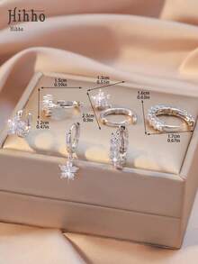 Hihho 3 Pairs Luxury European And American Zirconia Earring Set, Including Water Drop, Flower, Heart And Other Styles, Layered Wear, Elegant And Charming Jewelry Earrings Suitable For Daily And Festival Decoration, Gift - Silver - View 8