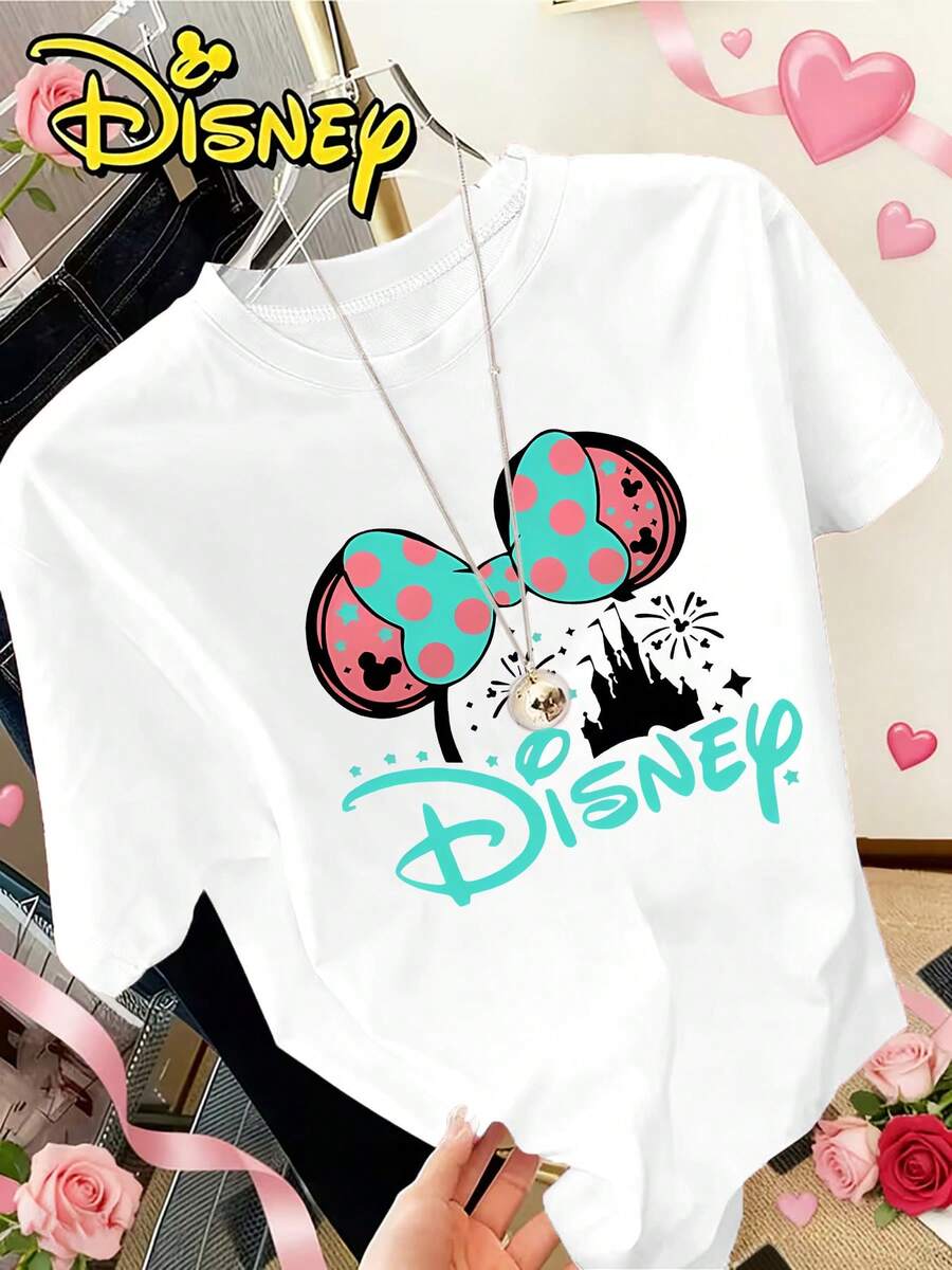 Disney Minnie Mouse Ears Polka Dot Bow And Castle Silhouette |   Elegant Summer Women'S Casual Fashion Printed T-Shirt - trắng - Xem 1