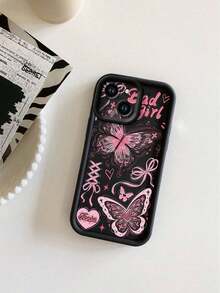 1 Piece Shockproof, Waterproof And Scratch Resistant Phone Case With Lens Protection, Pink Graffiti Butterfly And Black  Design, Compatible With Apple///, International Version, Not The Domestic Version - 黑色 - 查看 2