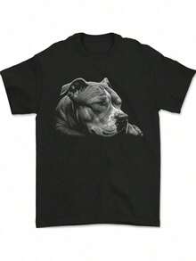 1 Pitbull Dog Print T-Shirt, 1 Men's Casual Cotton T-Shirt With Resting Pitbull Dog Print, 100% Cotton, Knit Fabric, Crew Neck, All Seasons, Versatile For Golf, Running, Yoga, Sports, Outdoor Activities - Unisex Adult Fit - 黑色 - 查看 1