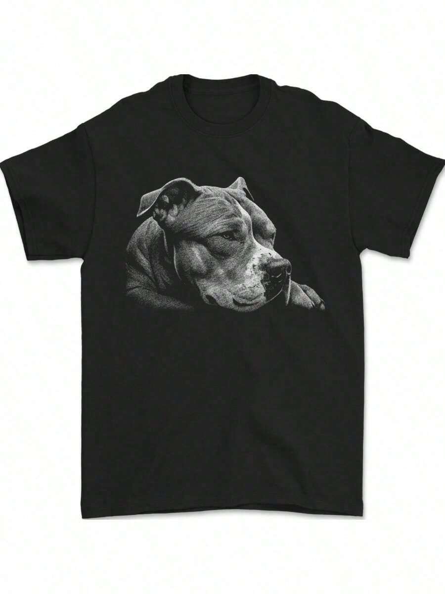 1 Pitbull Dog Print T-Shirt, 1 Men's Casual Cotton T-Shirt With Resting Pitbull Dog Print, 100% Cotton, Knit Fabric, Crew Neck, All Seasons, Versatile For Golf, Running, Yoga, Sports, Outdoor Activities - Unisex Adult Fit - 黑色 - 查看 1